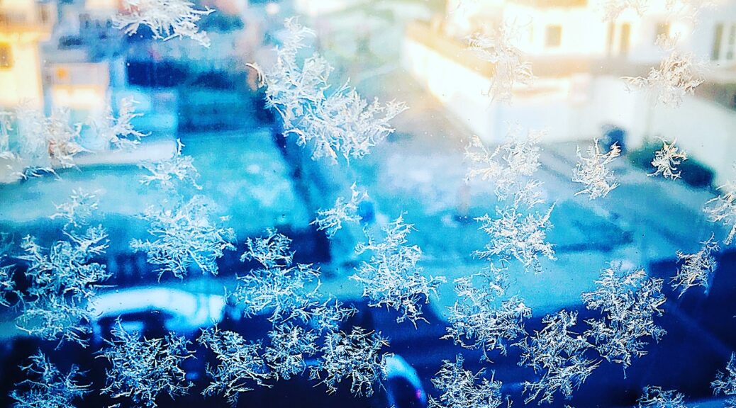 窓に張り付いた雪の結晶