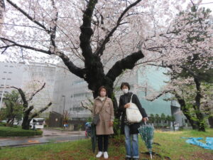 桜の下で記念撮影